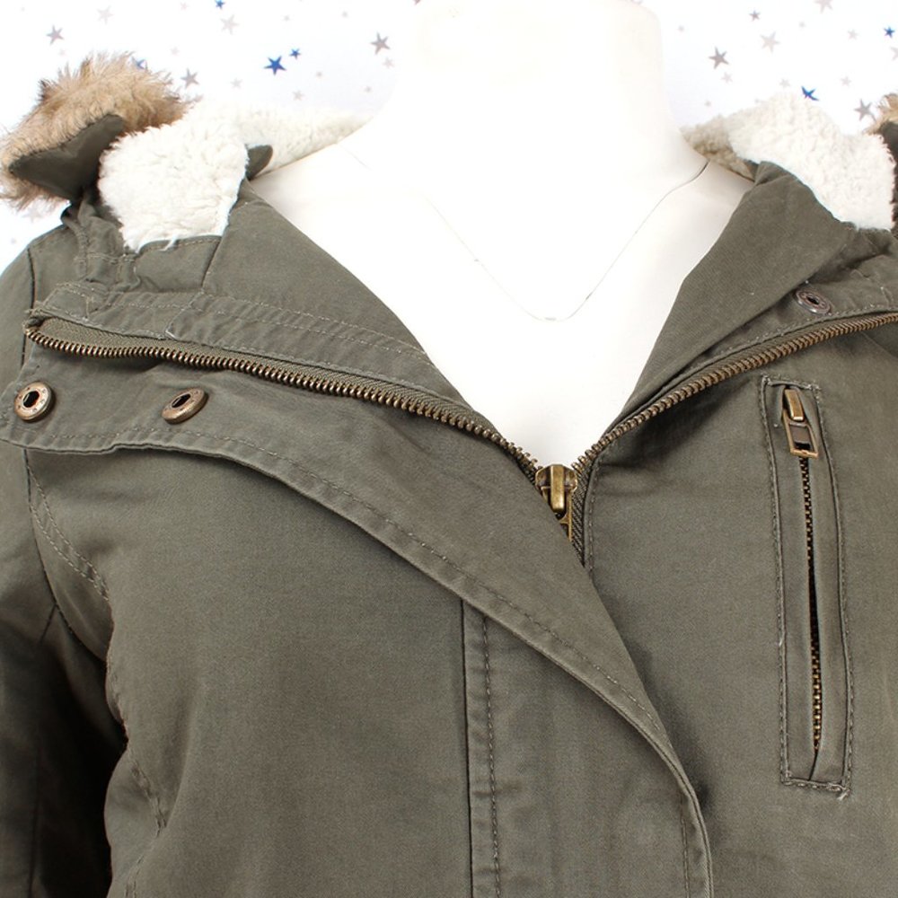 Olive Faux Fur Hooded Sherpa Lined Utility Jacket - Picture 5 of 16